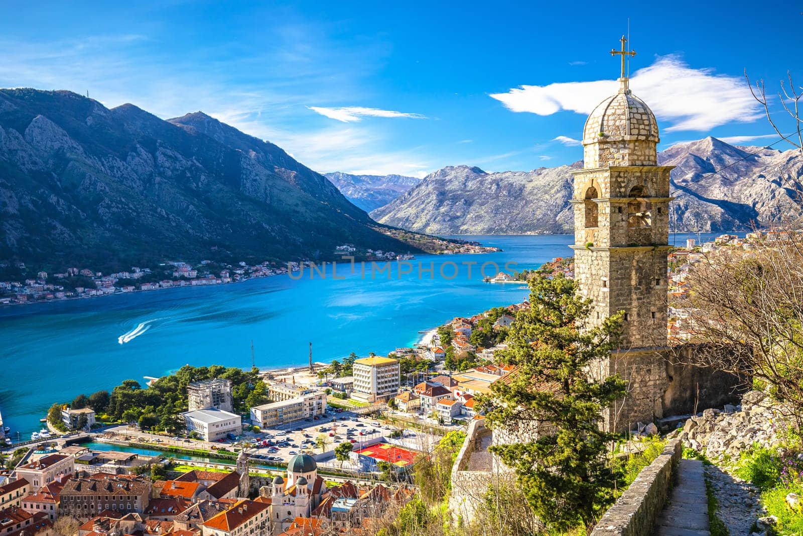 Boka Kotorska and town of Kotor bay panoramic view from the hill, coastline of Montenegro