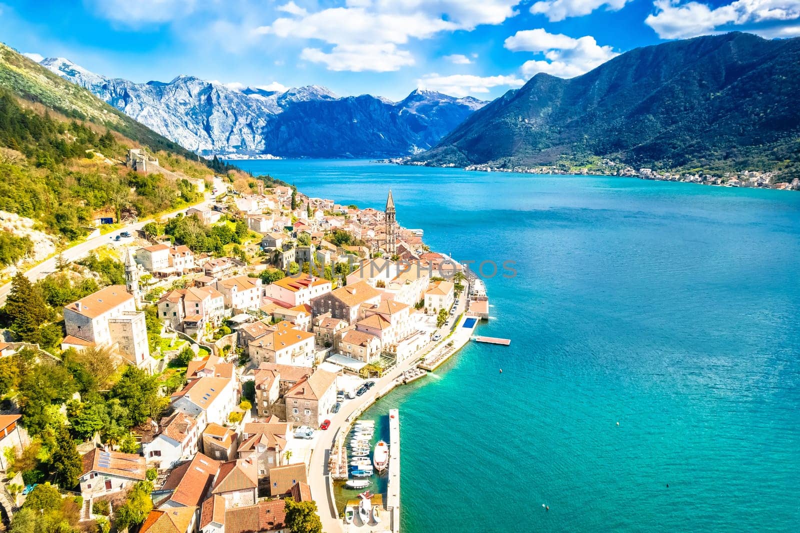 Scenic town of Perast in Boka Kotorska bay aerial view by xbrchx