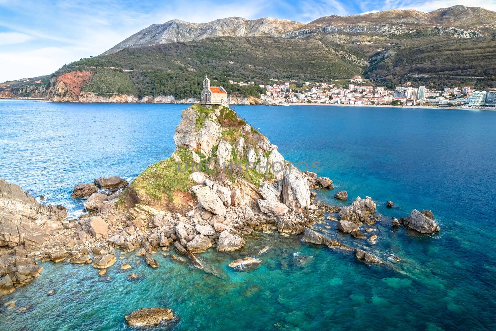 Church on the rock on Katic islet in Petrovac aerial view, archipelago of Montenegro