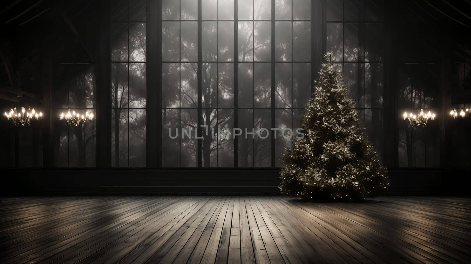 Luxurious Christmas atmospheric interior of a house with a Christmas tree. AI generated.