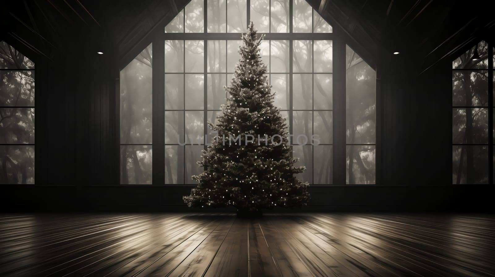 Luxurious Christmas atmospheric interior of a house with a Christmas tree. AI generated.