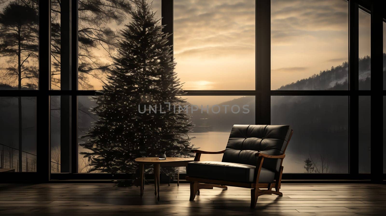 Luxurious Christmas atmospheric interior of a house with a Christmas tree. AI generated.