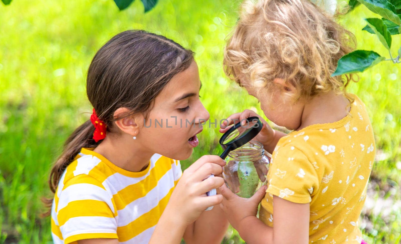 A child studies a beetle in a jar with a magnifying glass. Selective focus. Nature.