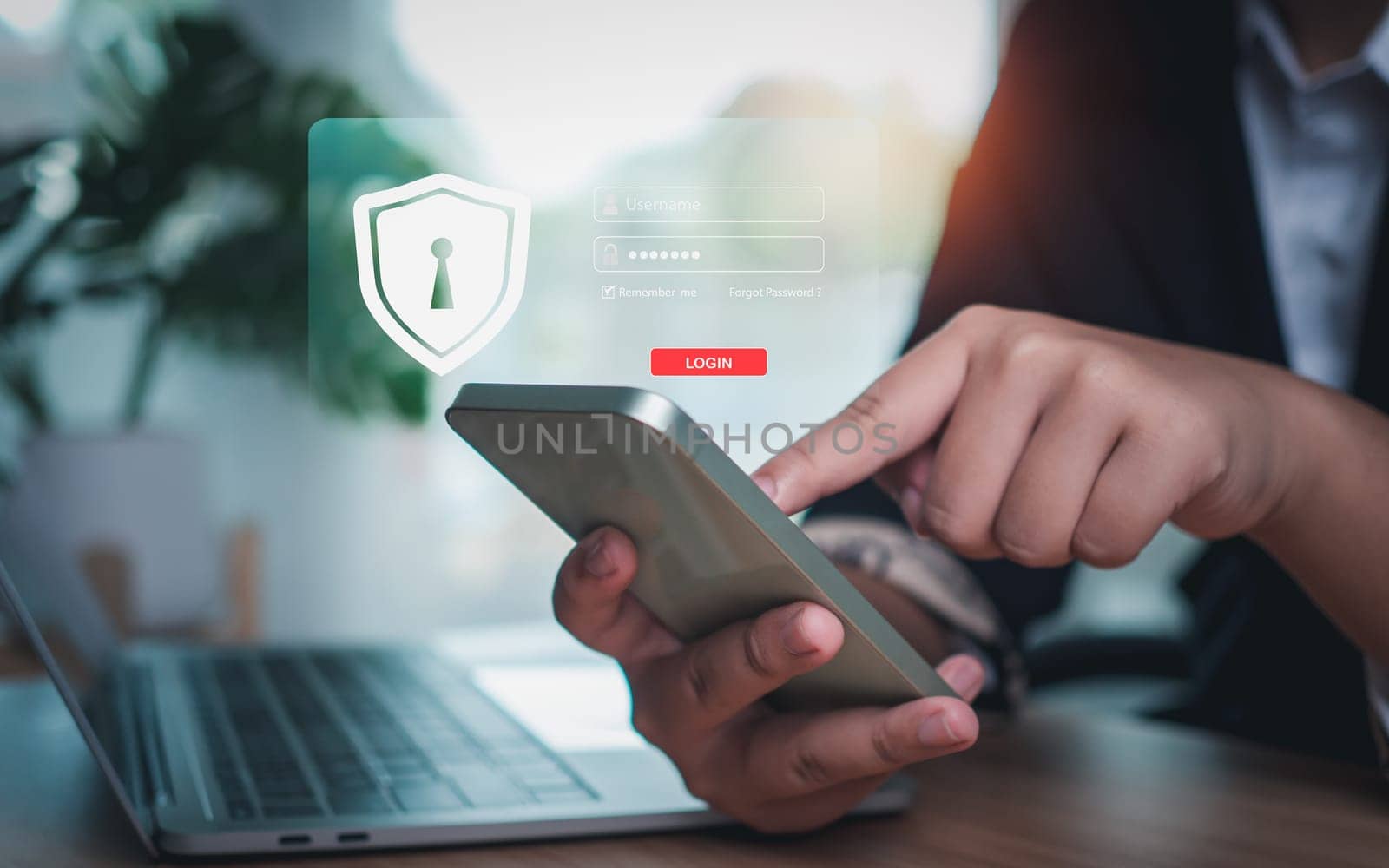 Business woman is pressing the login screen of smartphone. Represents protection against external hacking of the system. Security concepts for protecting against code, viruses, firmware, and malware by Unimages2527