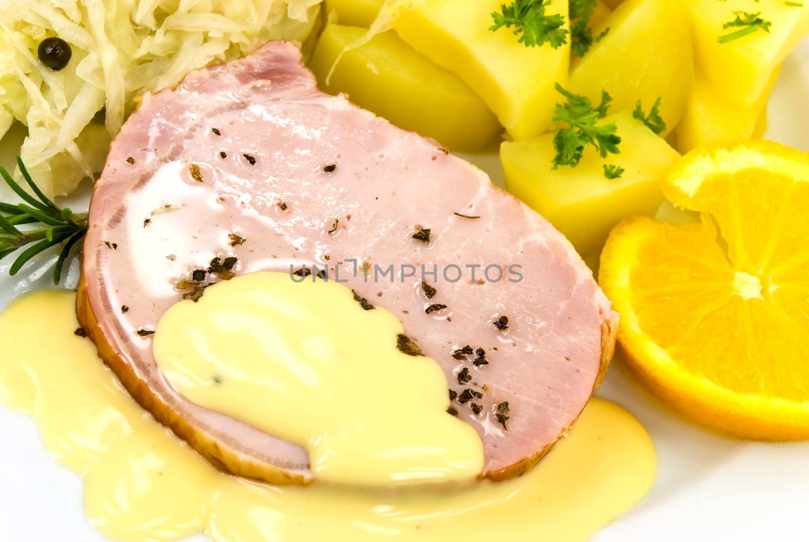 Kassel with potatoes,sauerkraut,sauce