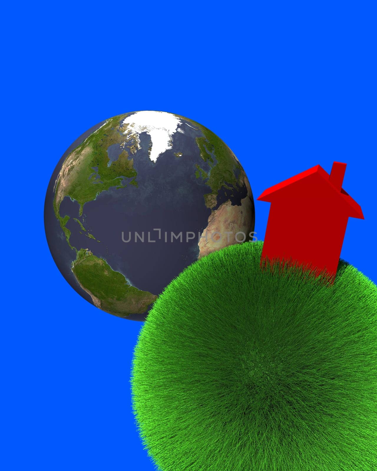 red house on sphere of grass with earth