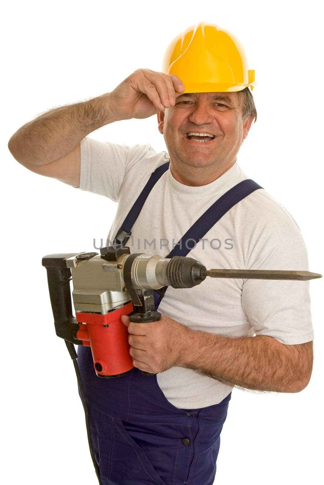 Worker with hammer drill and hard hat