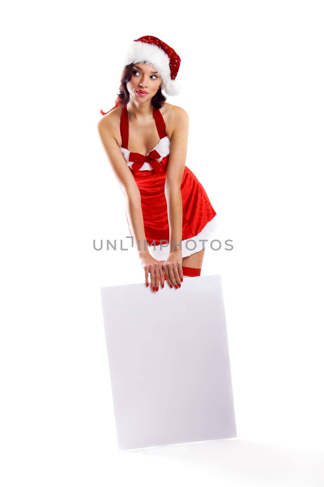 laughing santa woman with carton