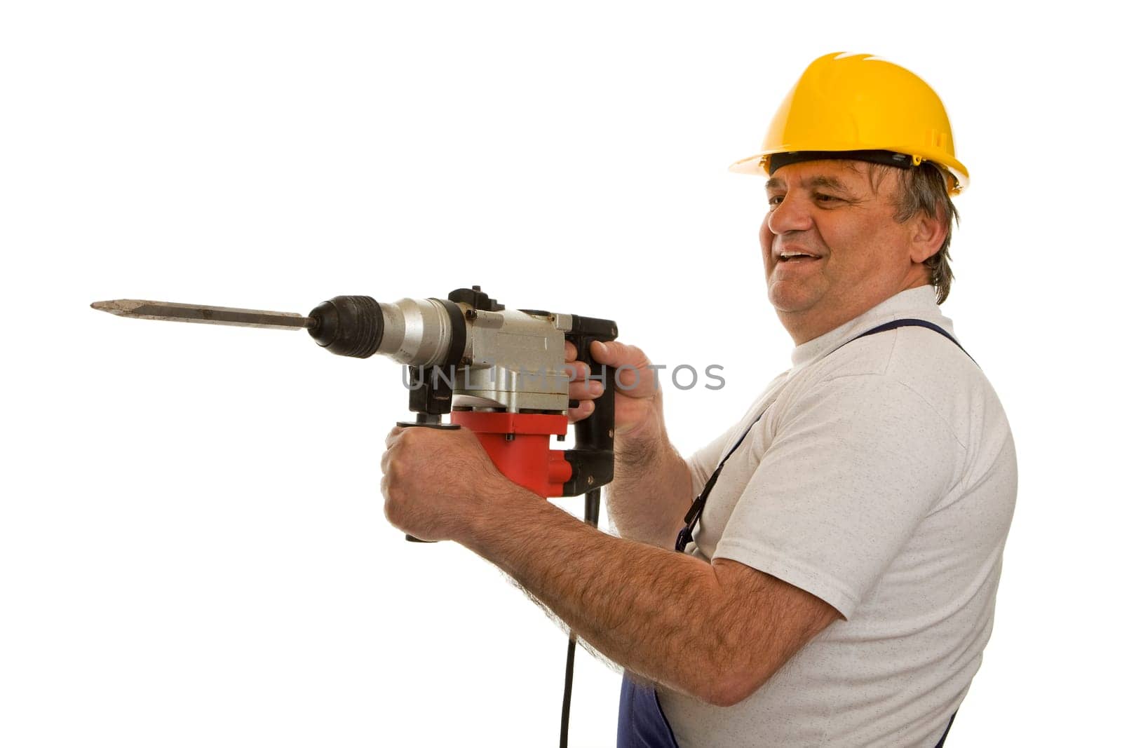 Worker with hammer drill and hard hat