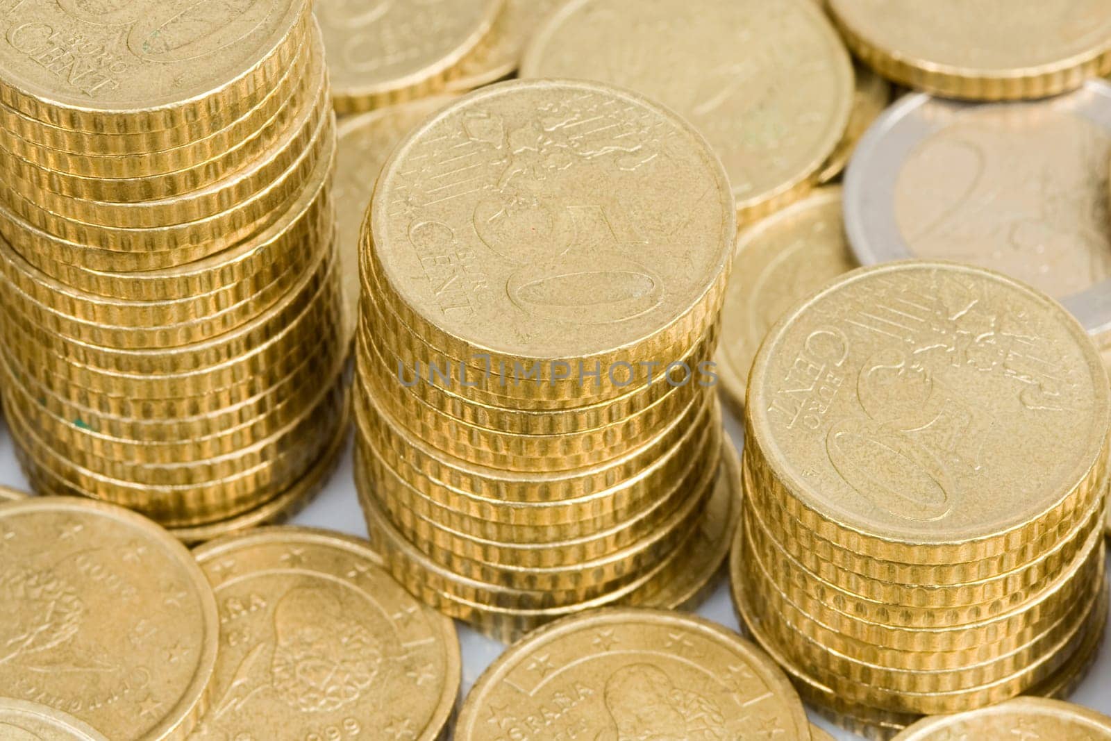 Macro of many coins cents Euro