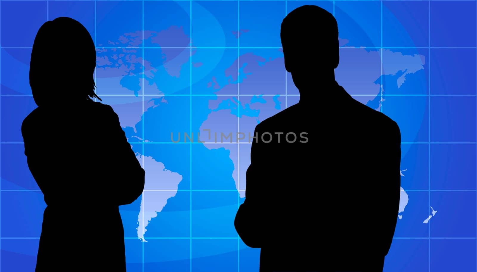 Business People Silhouette, World Map Background