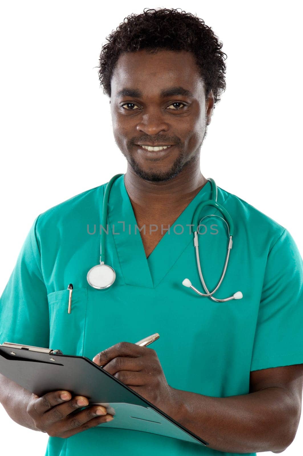 Young black doctor writing