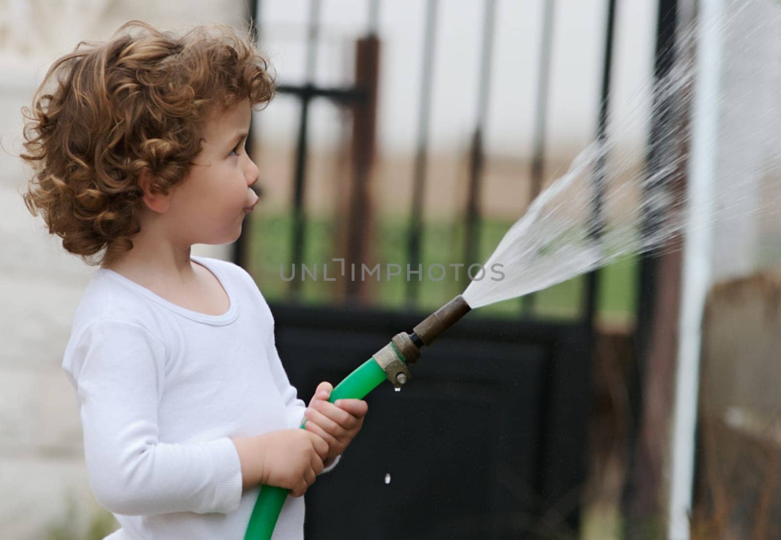adorable boy watering the plants