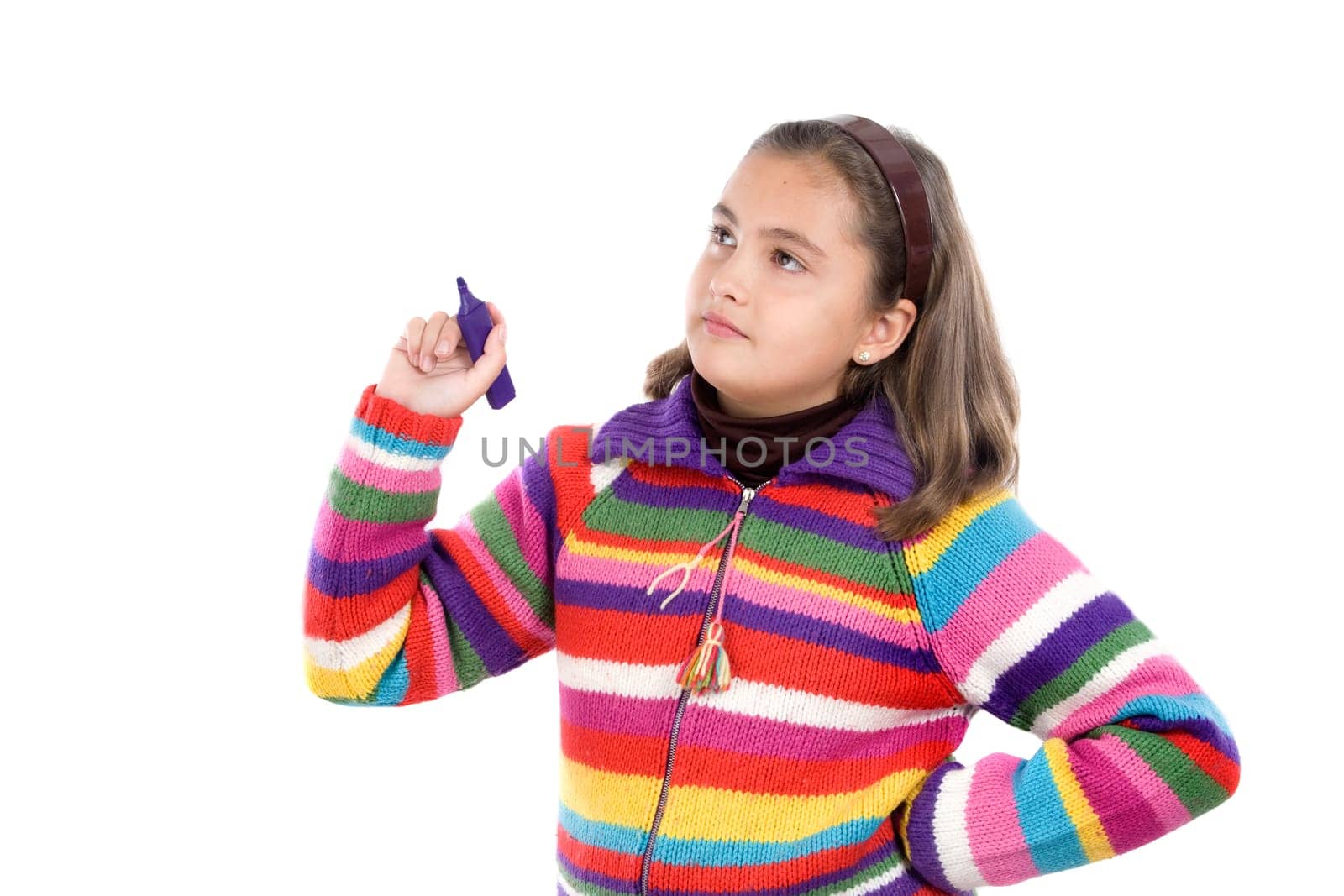 Adorable girl writing with fluorescent