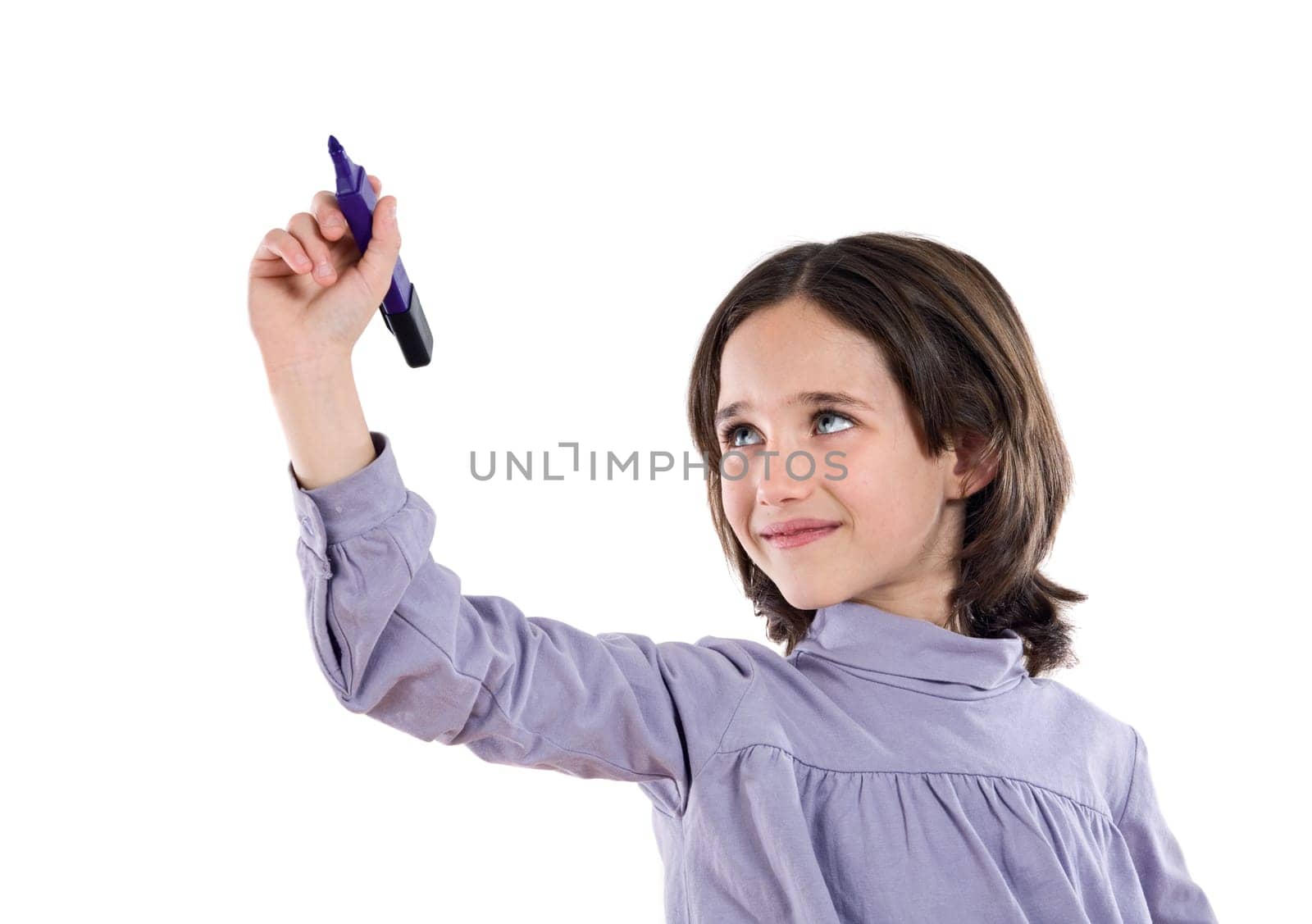 Adorable girl writing with fluorescent