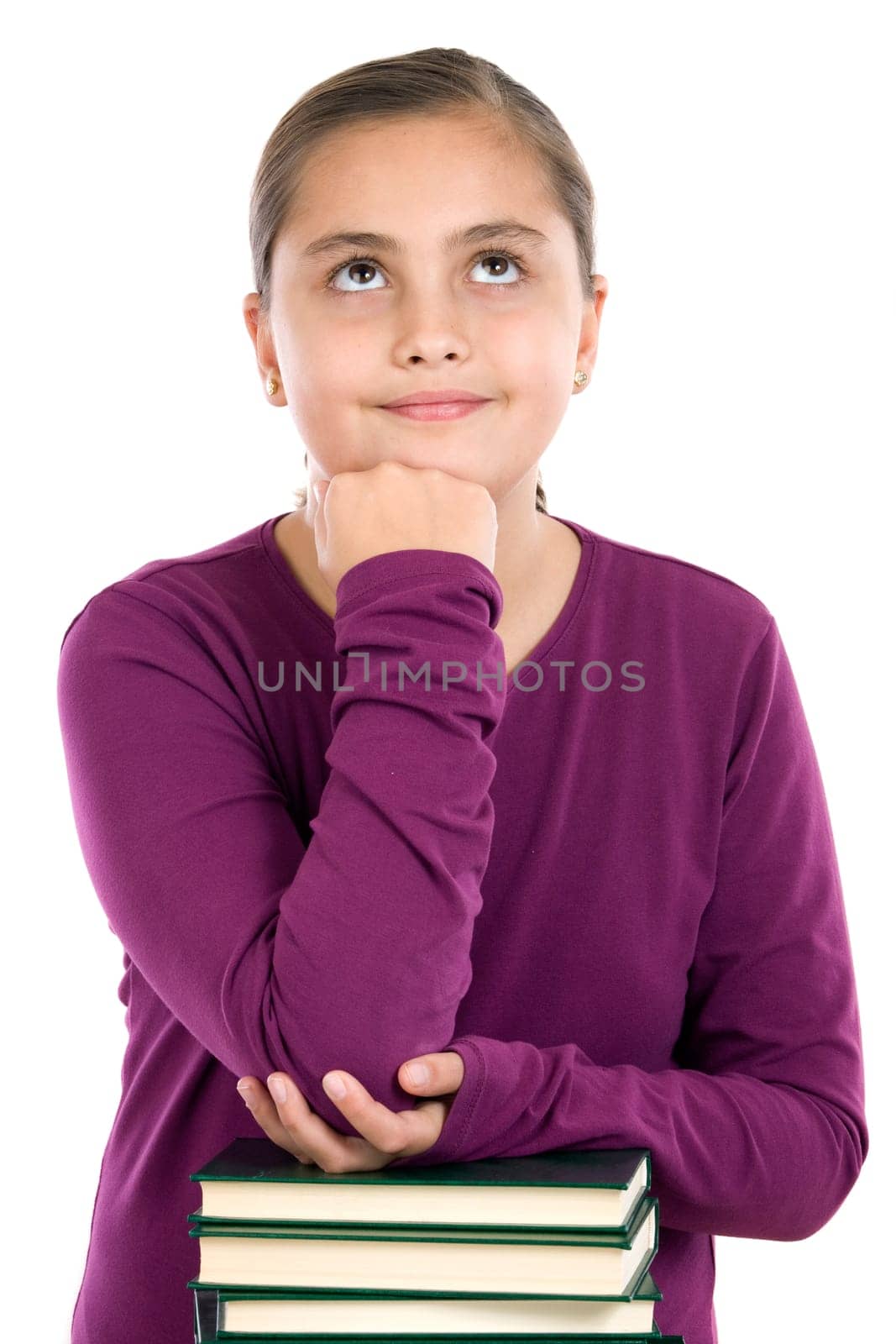 Adorable girl with many books