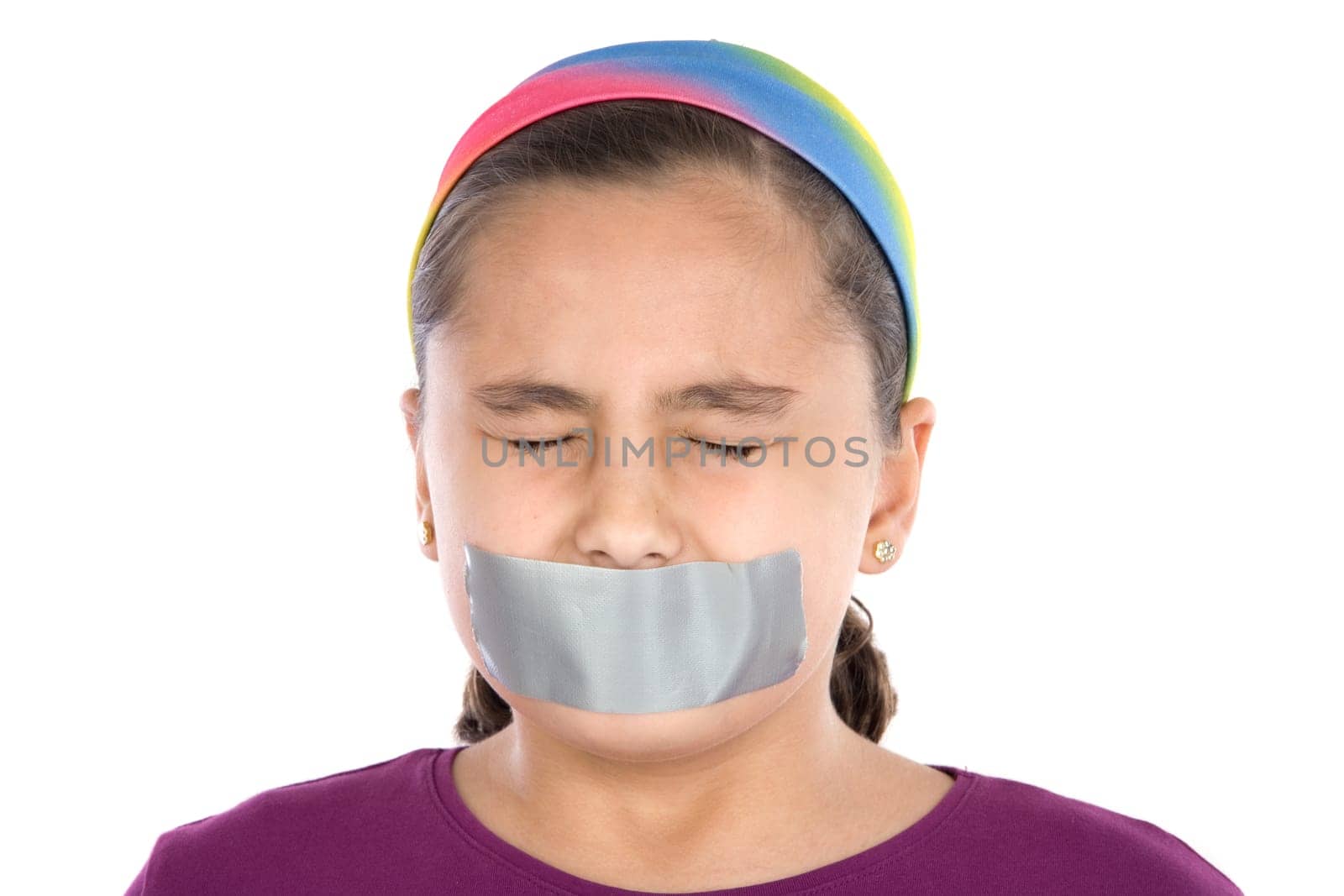 Beautiful girl with adhesive on mouth