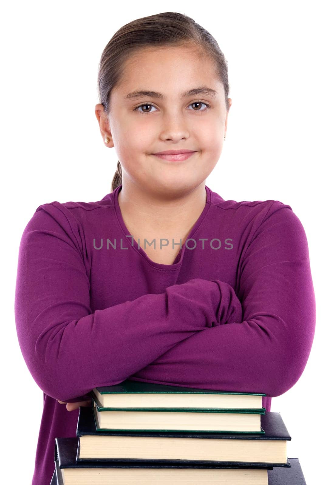 Adorable girl with many books