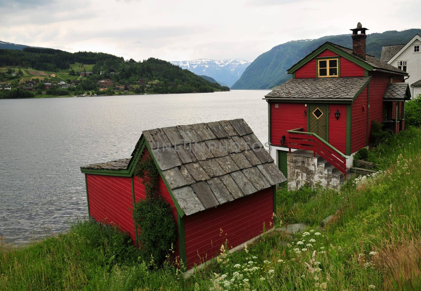 Traditional houses on a fjord in Norway.
