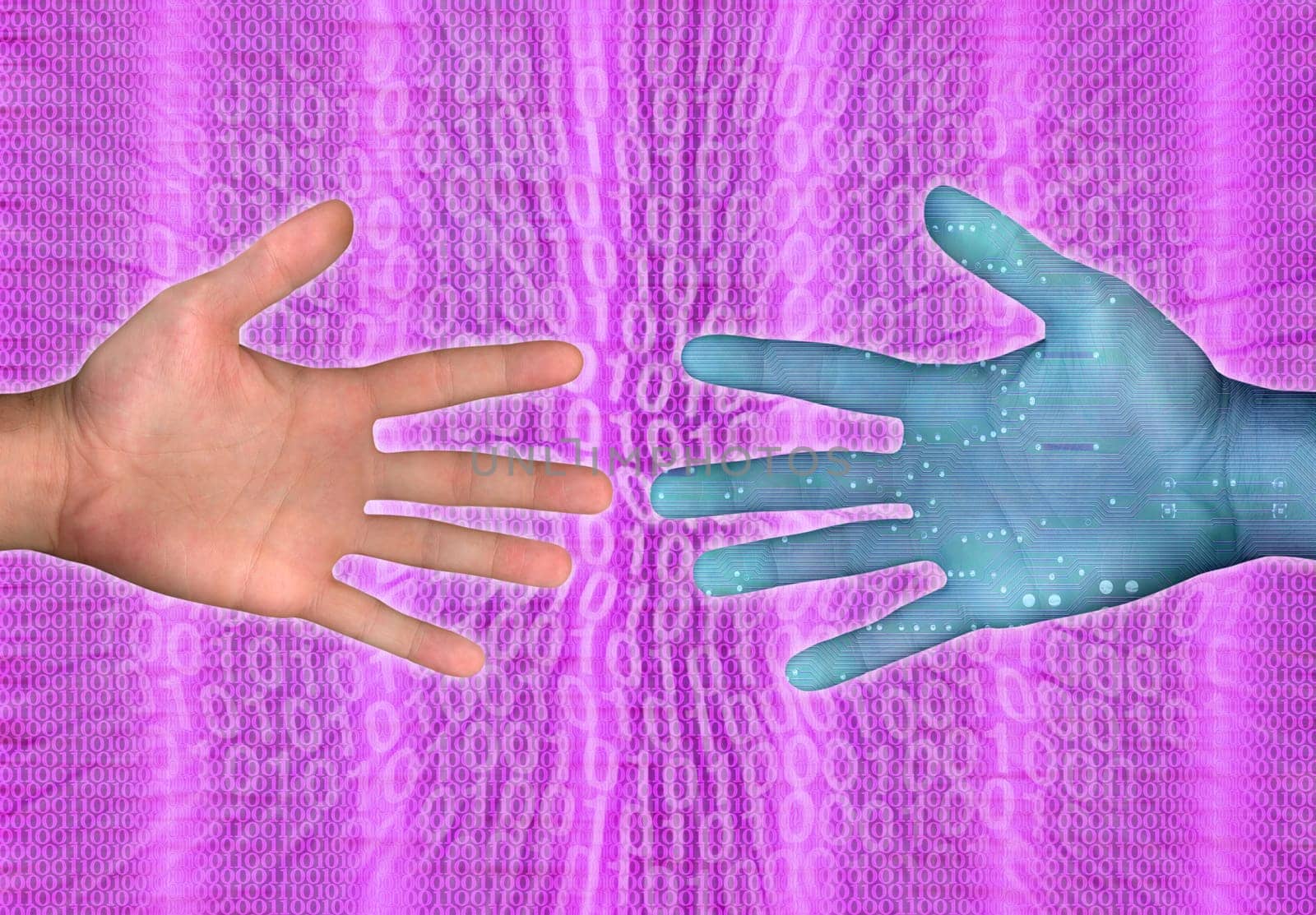 hands reaching each other and binarycode