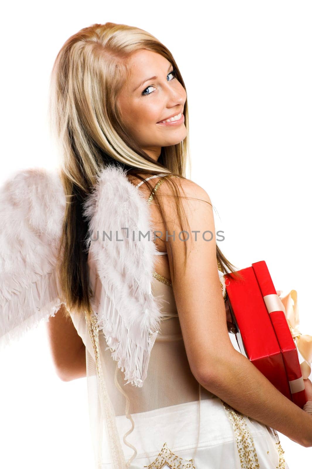 laughing angel with gift