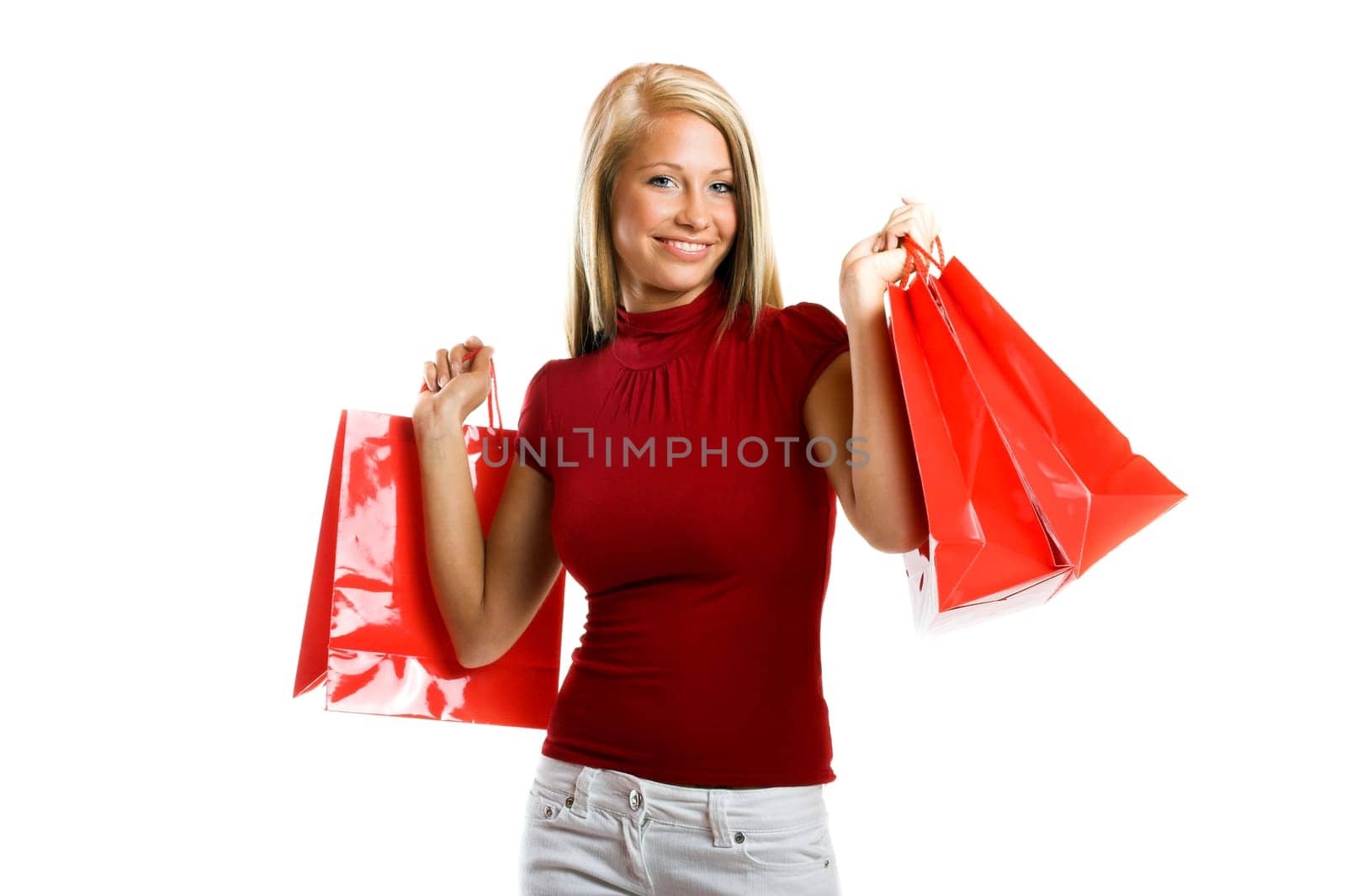 laughing woman with shopping bags