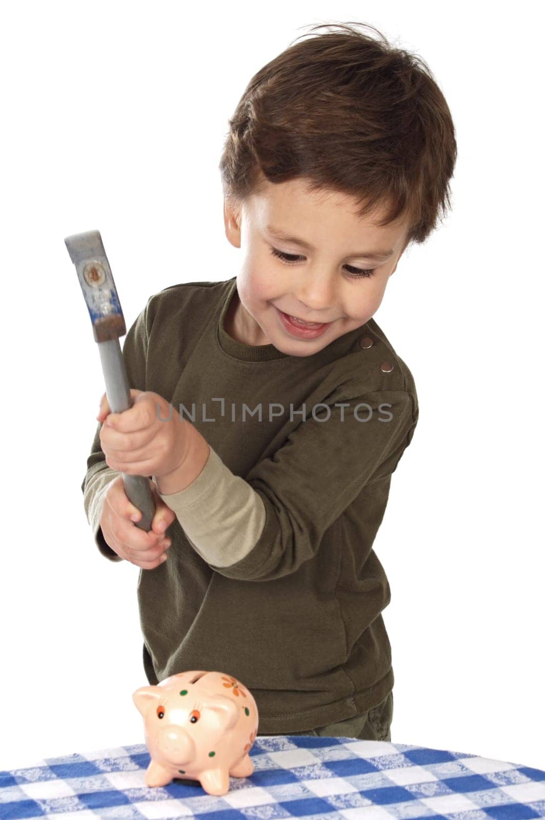 adorable boy breaking the money box