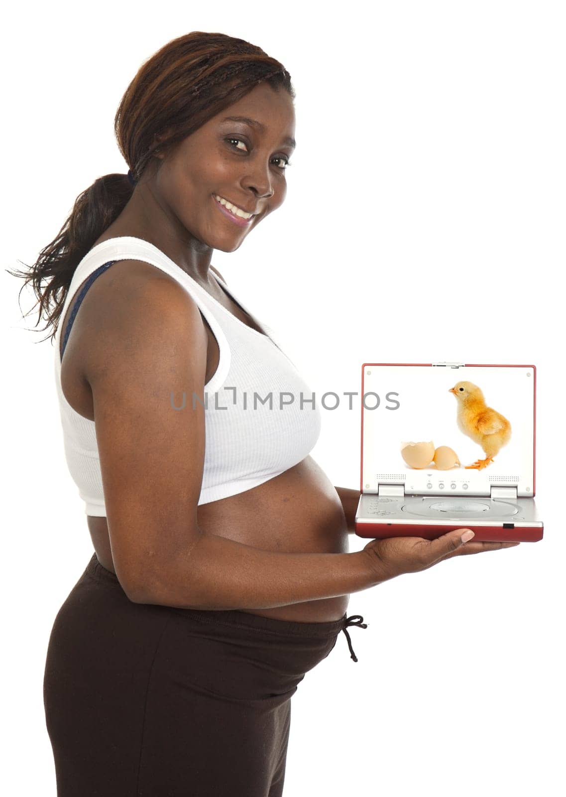 attractive pregnant woman with a screen