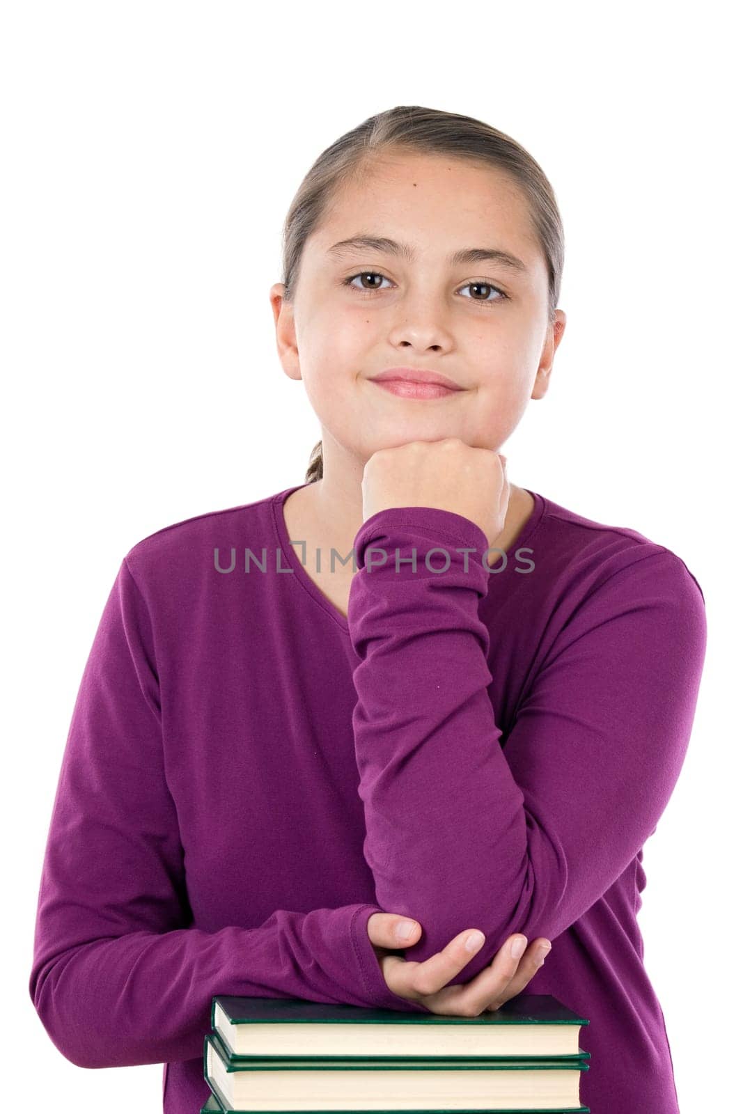 Adorable girl with many books thinking
