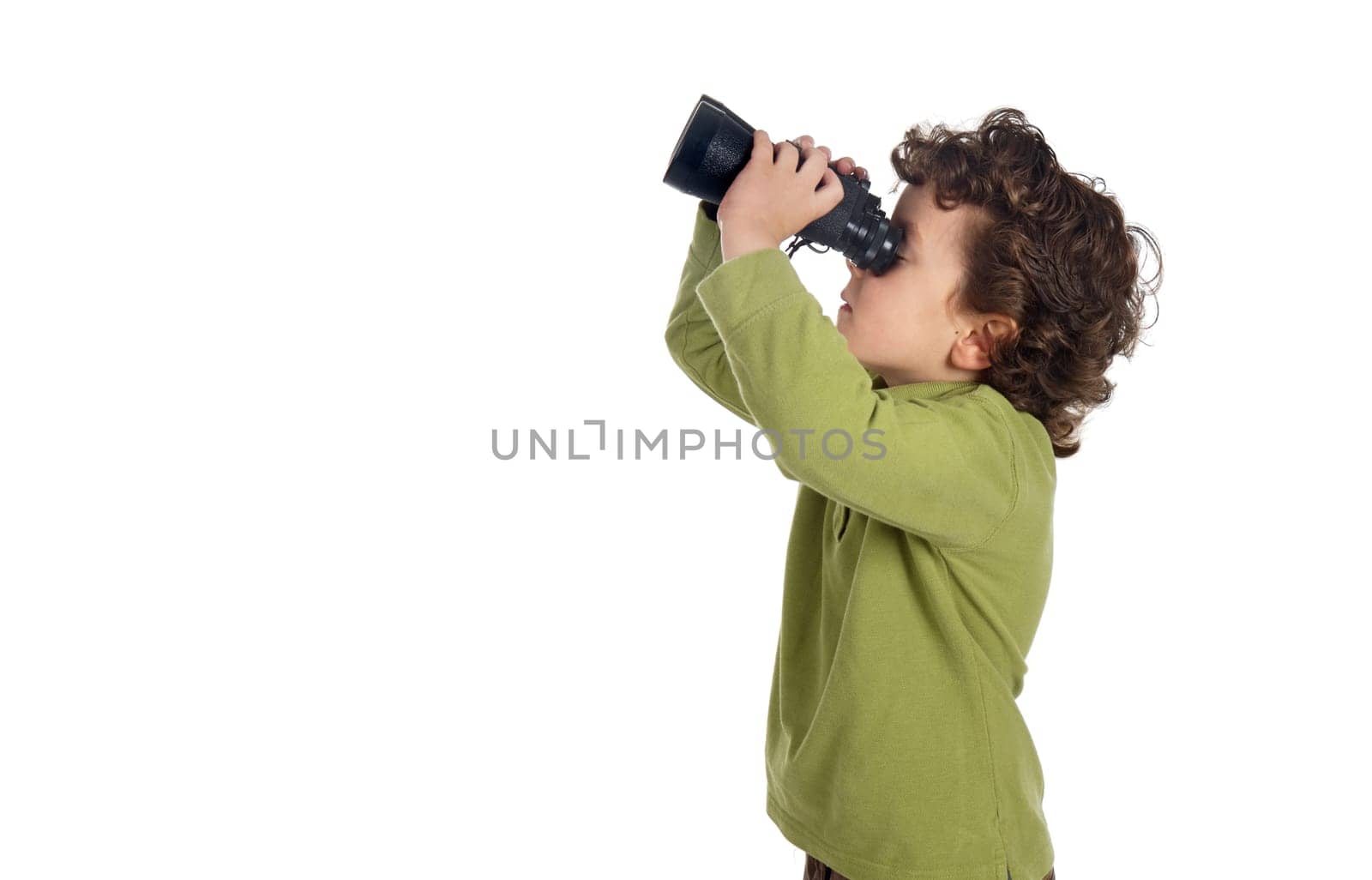 Adorable spy boy with binoculars