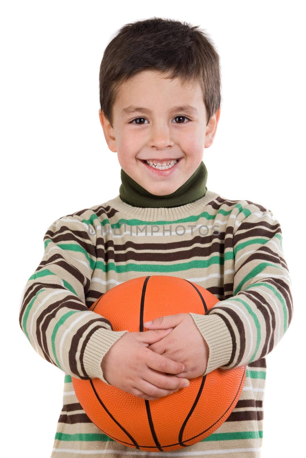 Adorable boy student with basketball