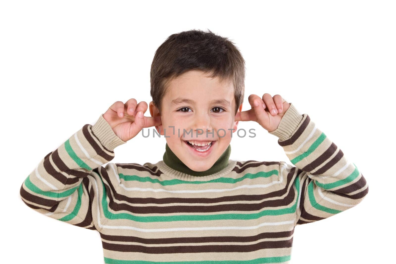 Adorable child stoppering his ears
