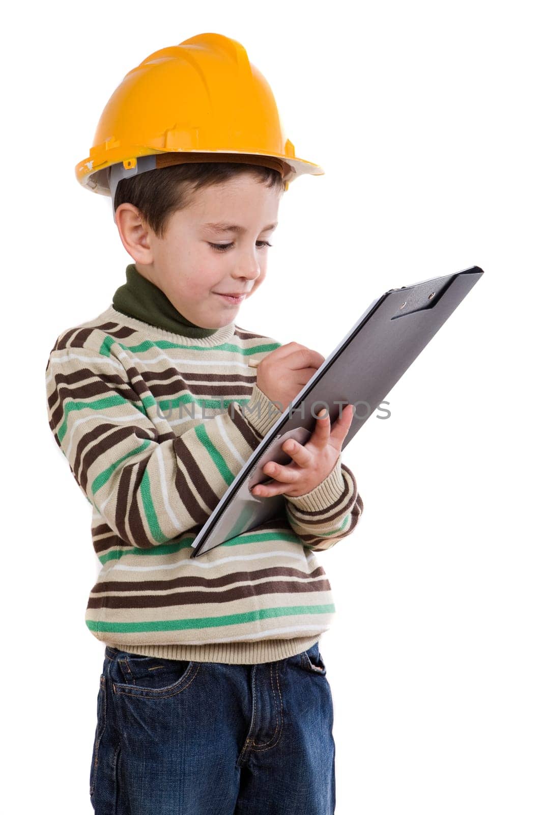 Adorable future engineer writing