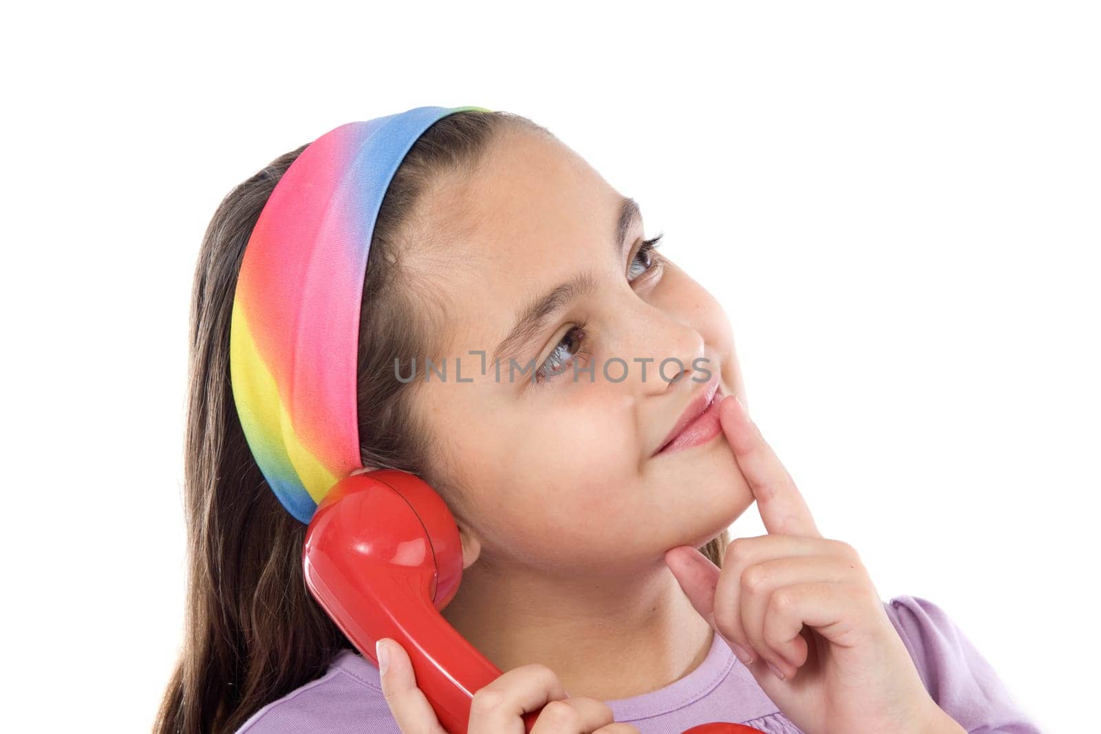 Beautiful girl with red telephone think