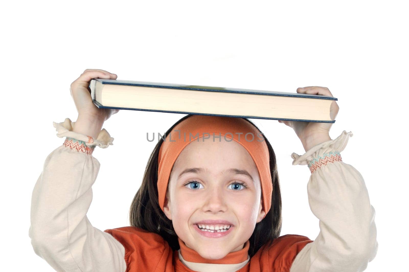 Girl holding book on head
