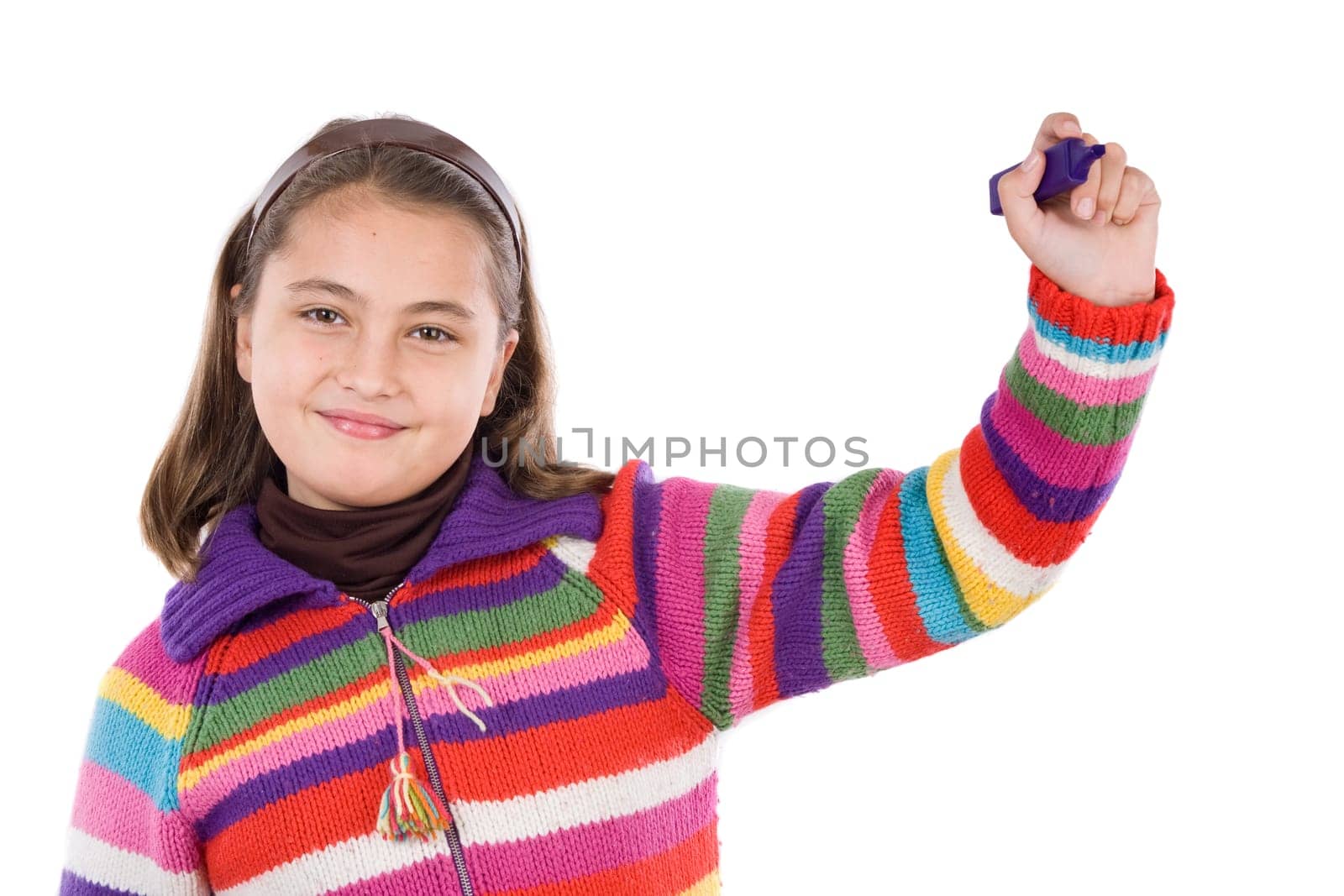 Adorable girl writing with fluorescent
