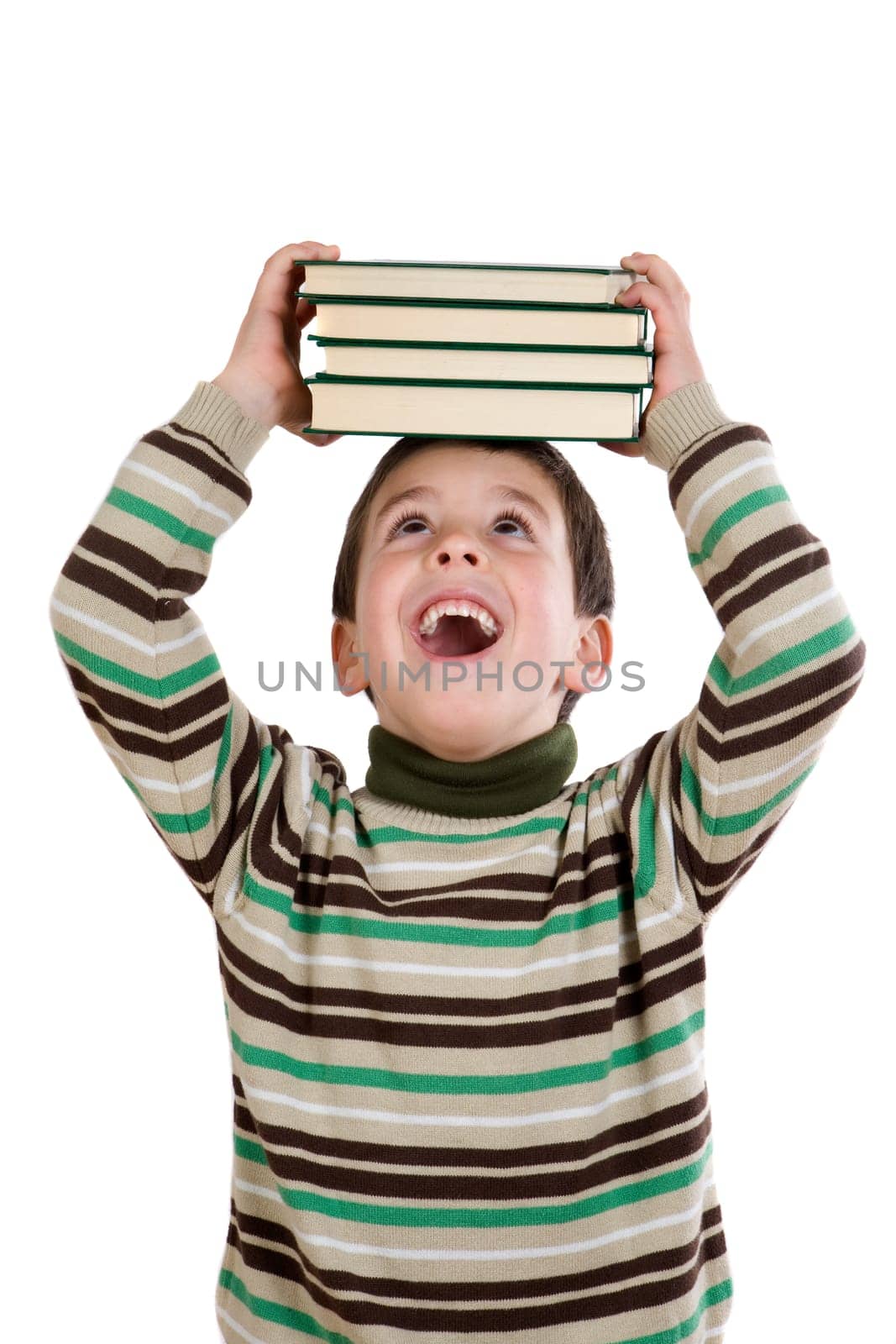 Adorable child with many books on head