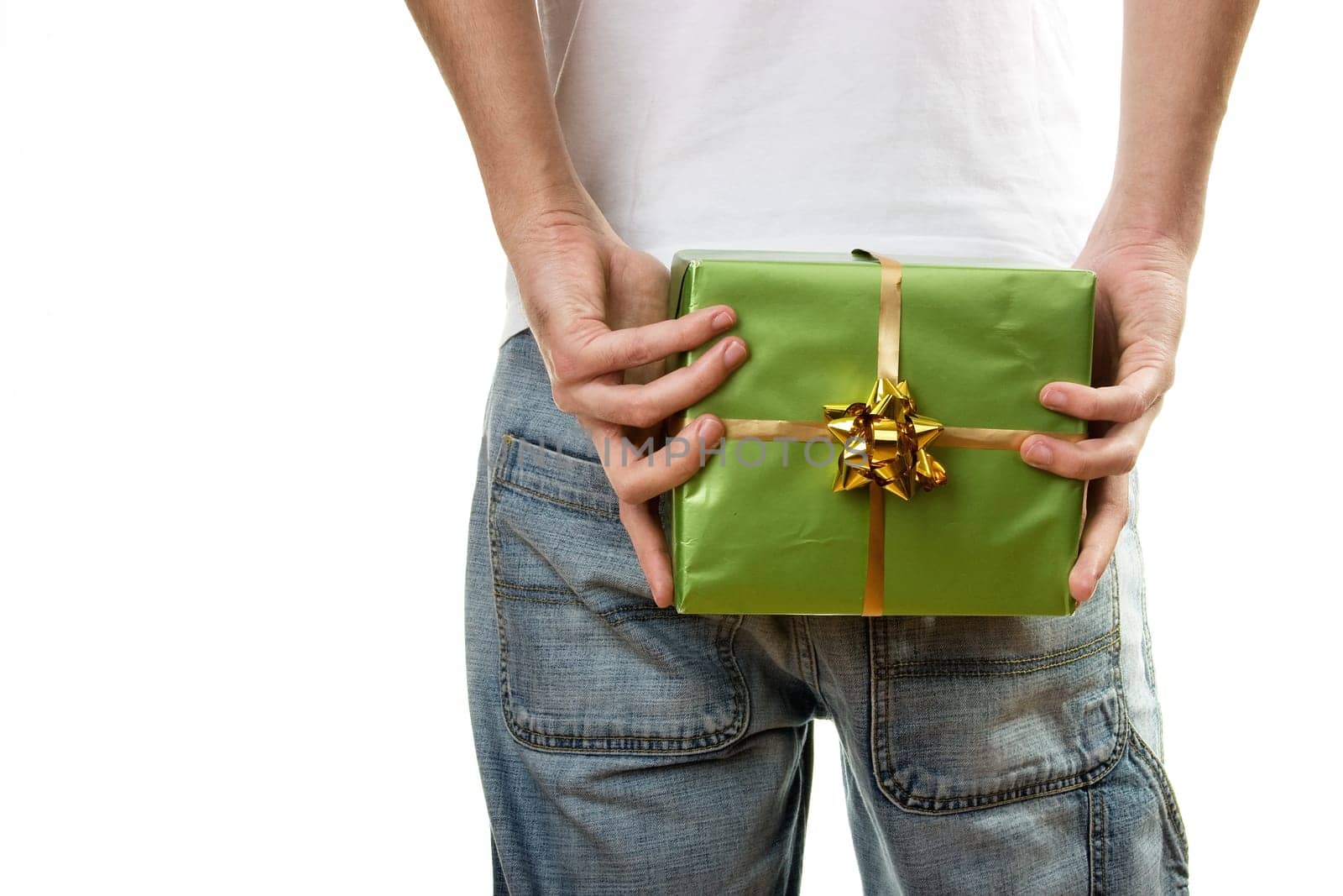 Man in Jeans holding green gift