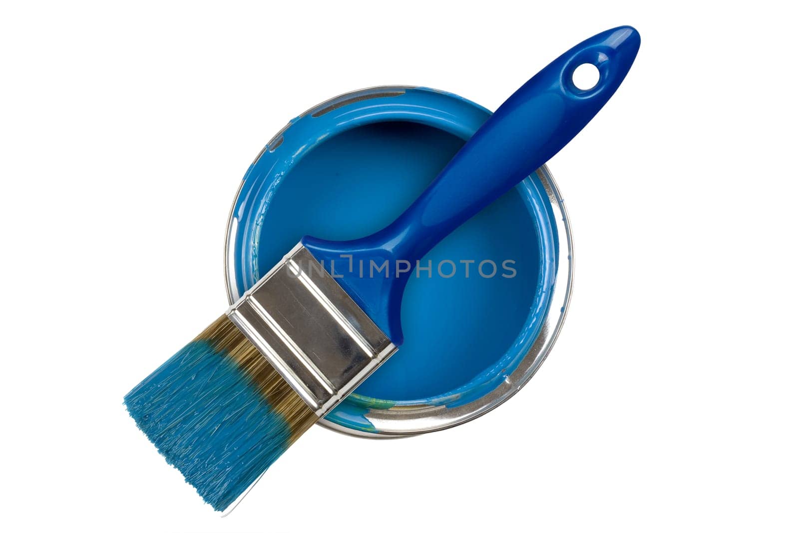 Blue paint can with brush isolated
