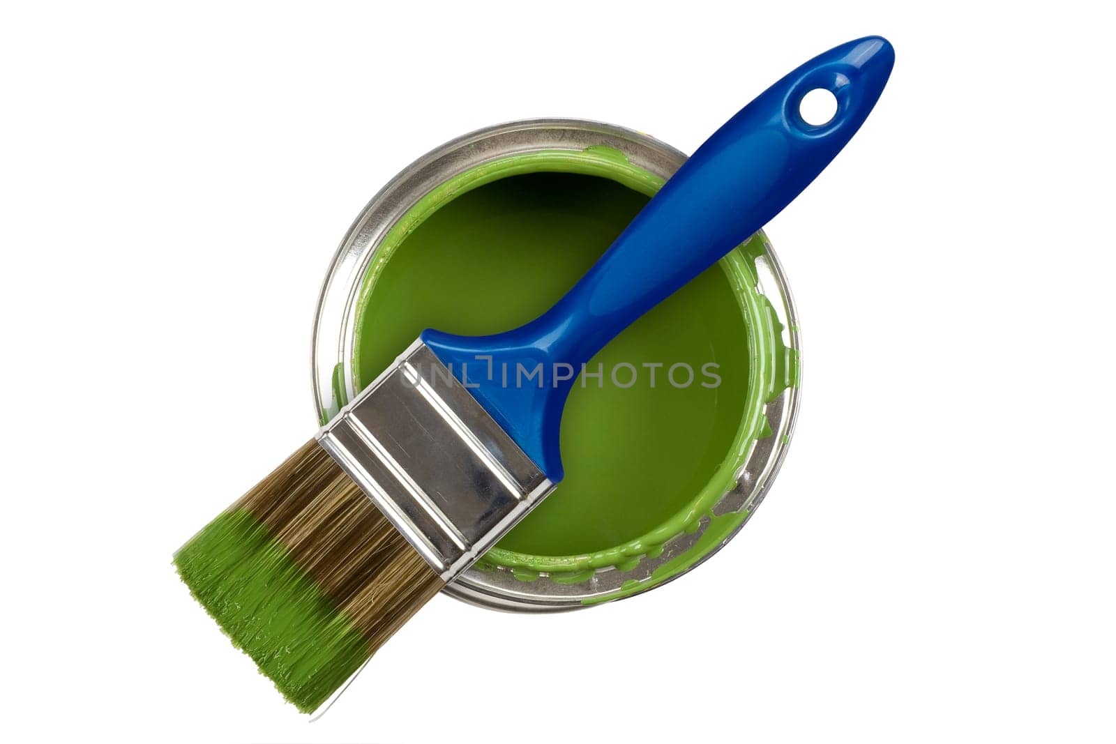 Green paint can with brush isolated