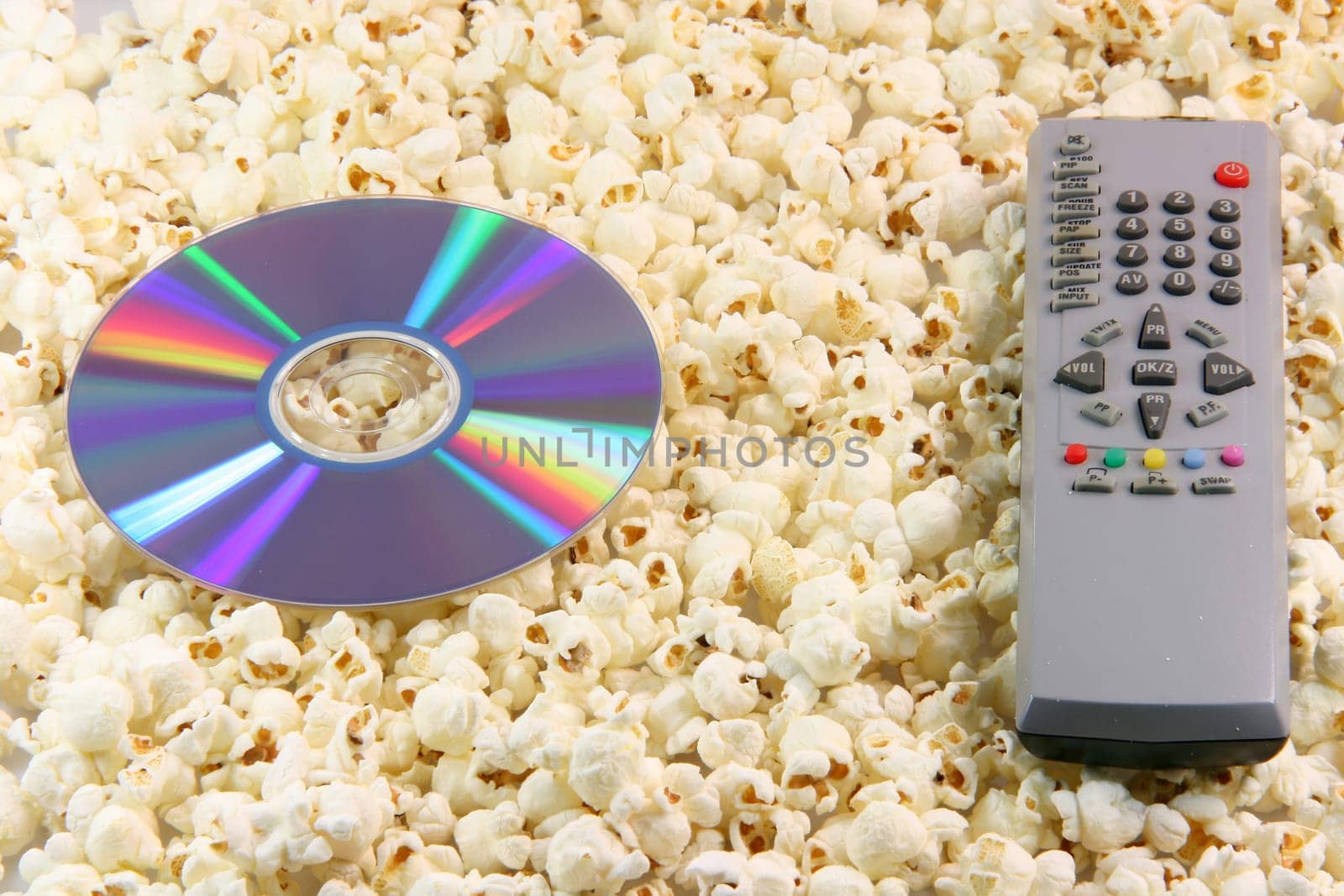 dvd remote and popcorn