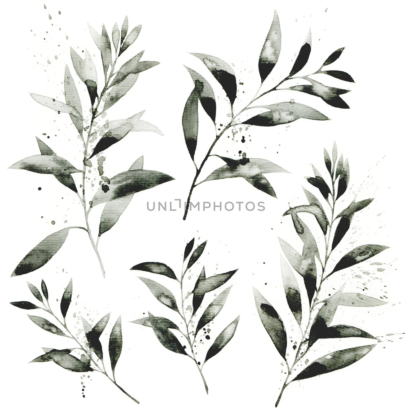 Watercolor and ink painting of tree branch with leaves, hand drawn art in sumi-e style. Oriental traditional painting. Set on white background.