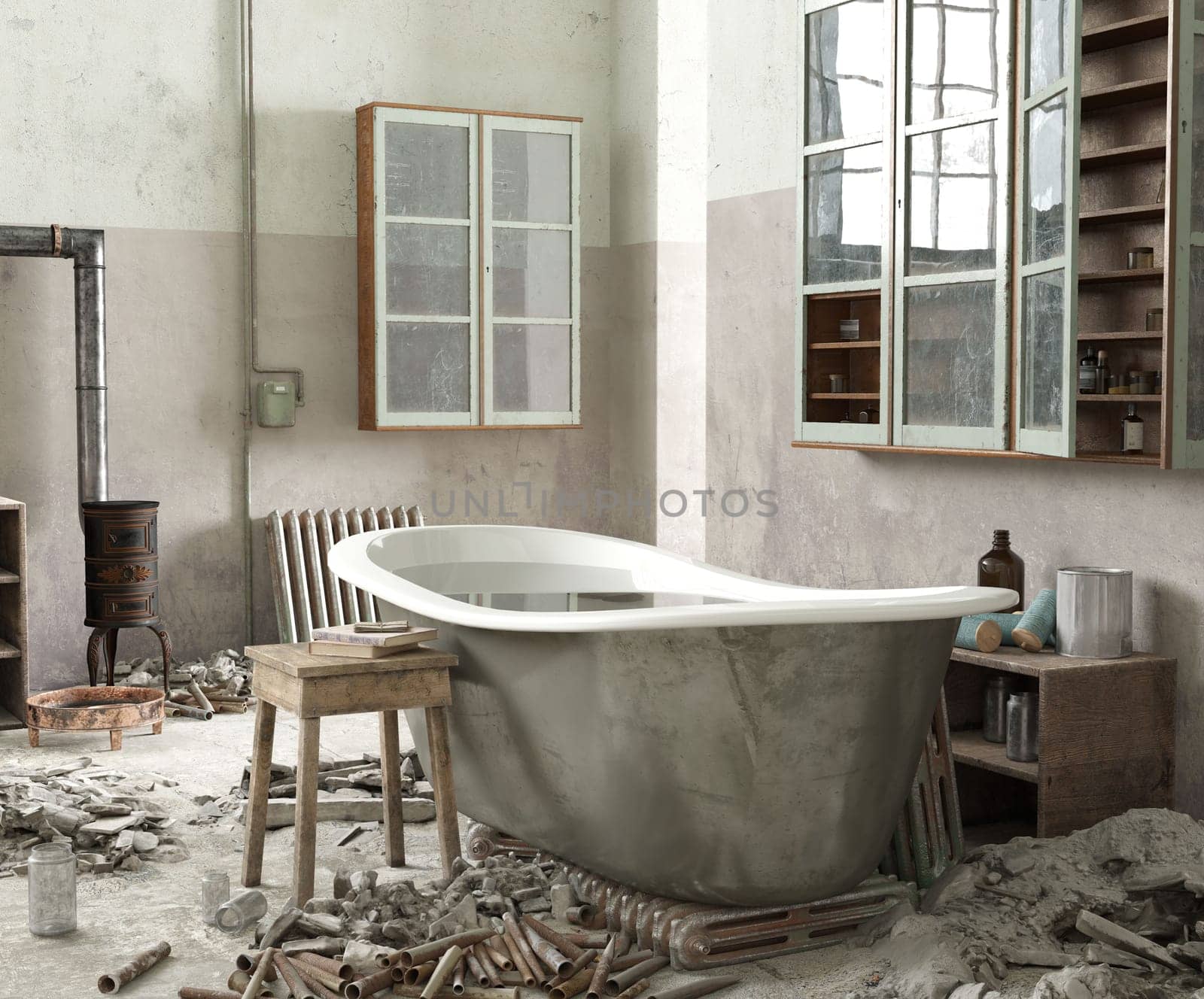 a bathtub in a dilapidated abandoned room (3d rendering and photo combination)