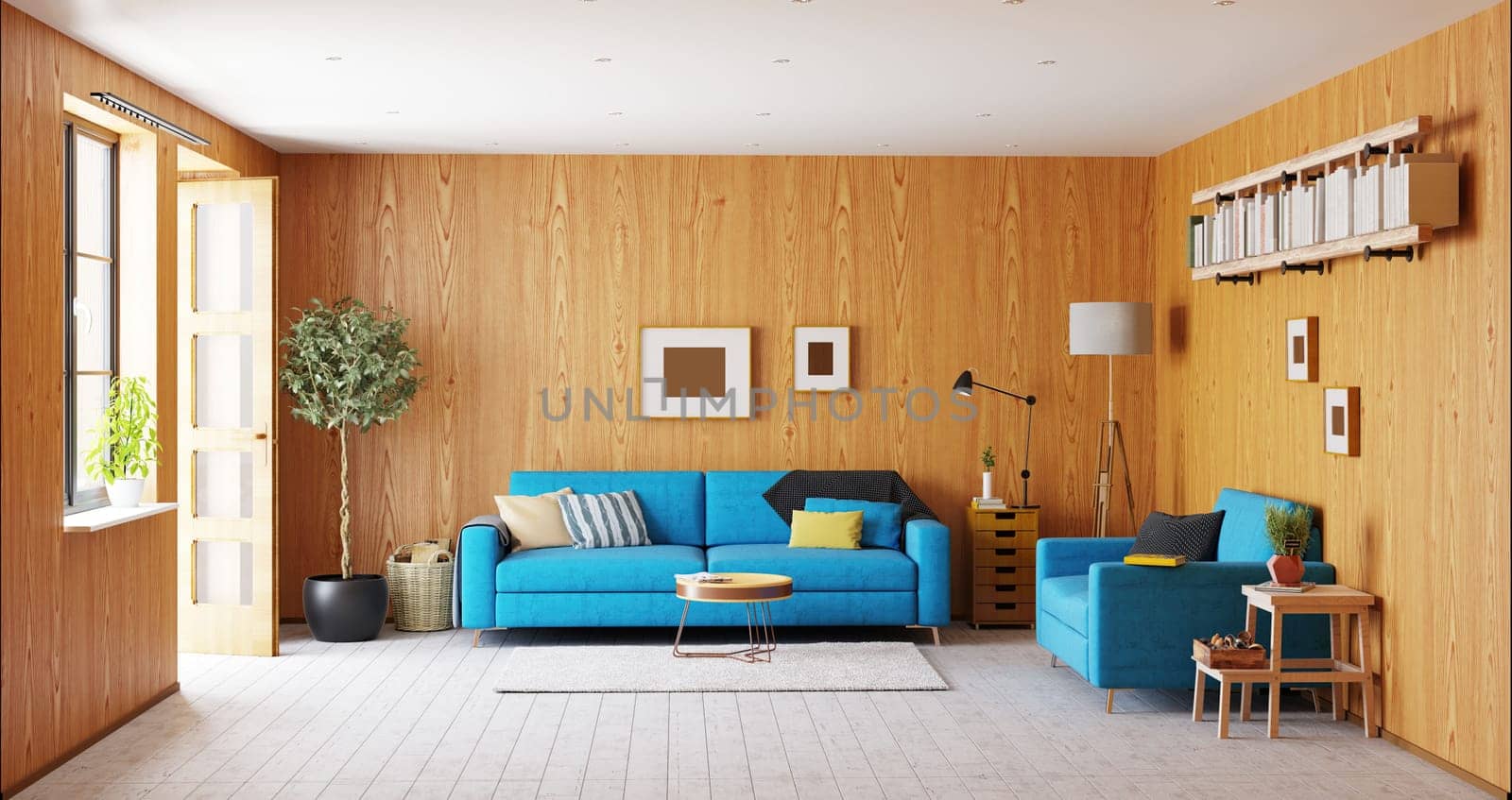 modern living room interior 3d rendering wooden design concept
