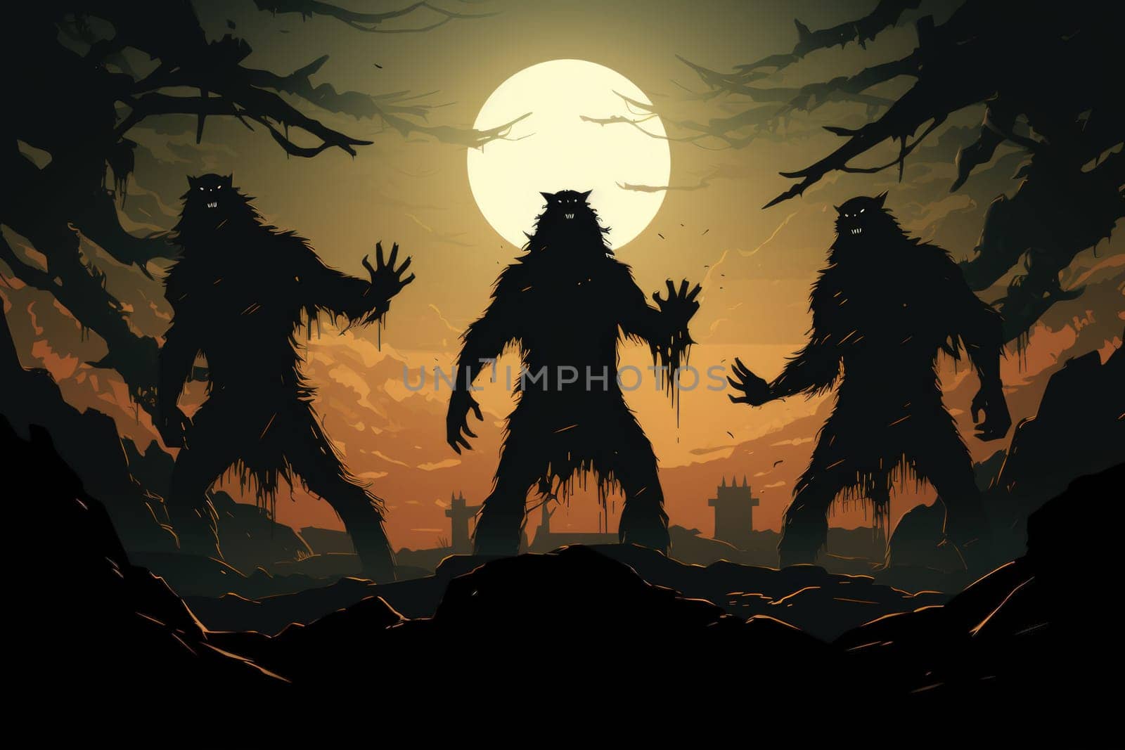 Venture into a mystical realm where fierce werewolves, under the enchanting light of the full moon, undergo their awe-inspiring transformation.