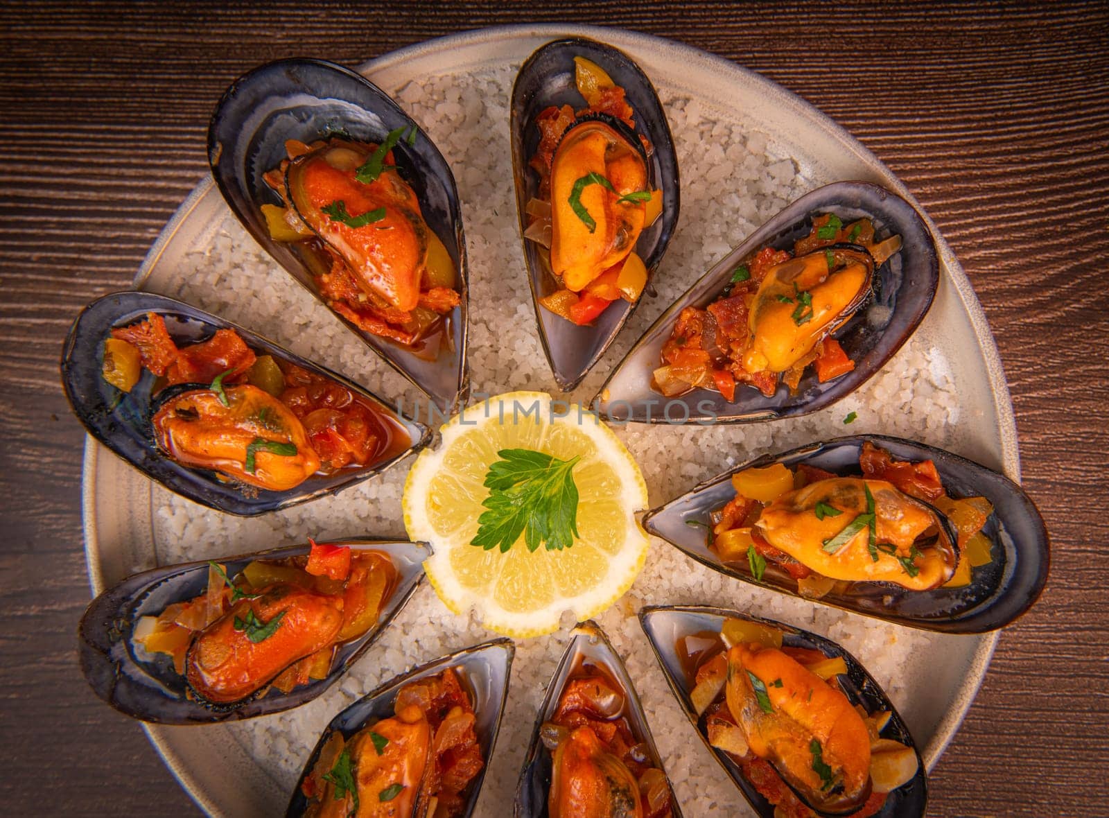RECIPE FOR SPANISH MUSSELS WITH CHORIZO, WHITE WINE SAUCE, PEPPER, TOMATO, ONION. High quality photo