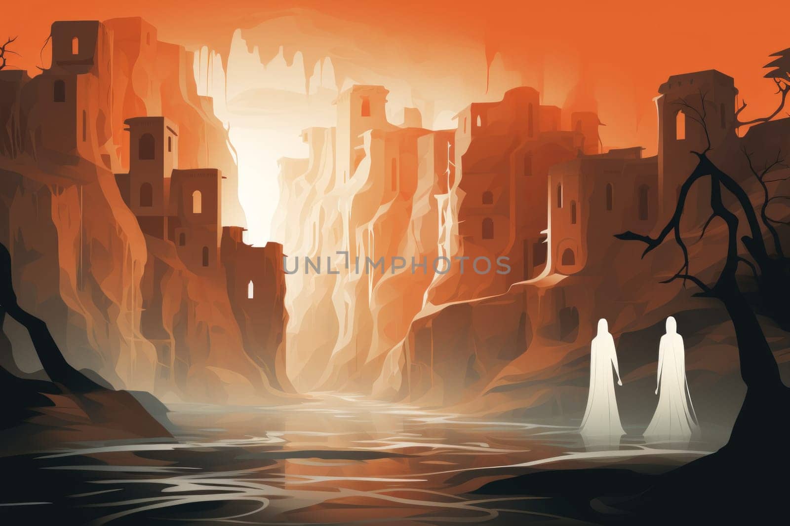 In the realm of fantasy, eerie and ethereal, ancient ruins and crumbling castles are shrouded in an unsettling atmosphere, haunted by ghostly apparitions.