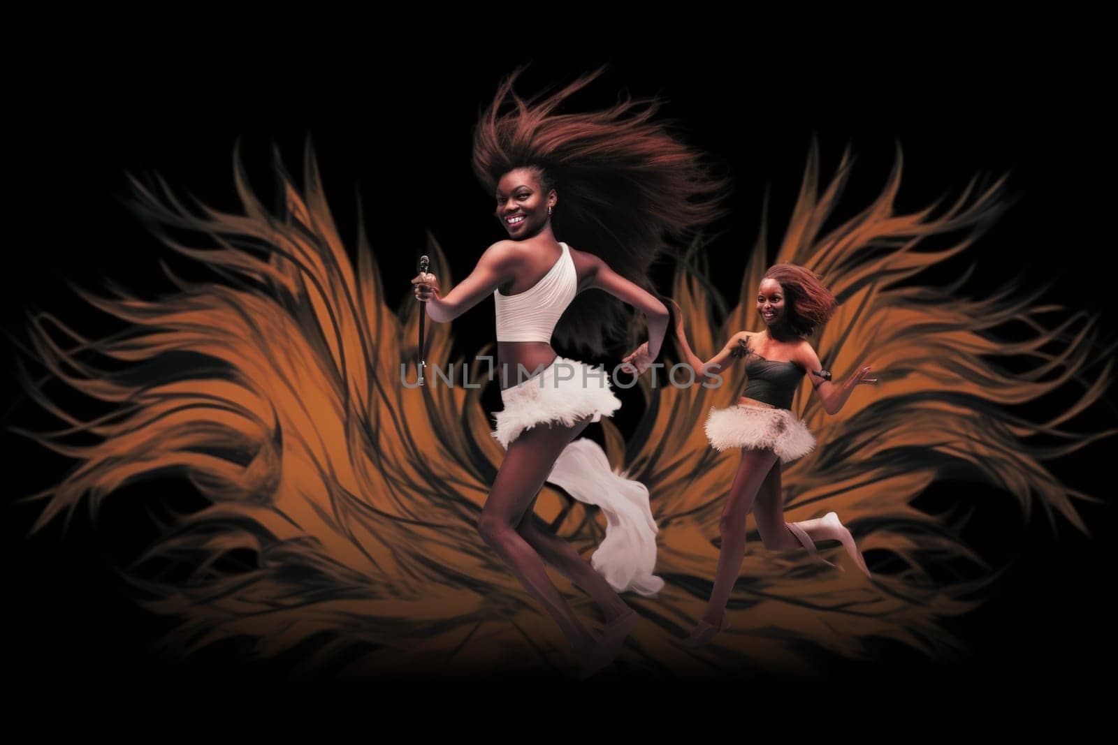 Within the realm of fantasy, elegant phoenix dancers grace the stage, their mesmerizing performances engulfed in flames.