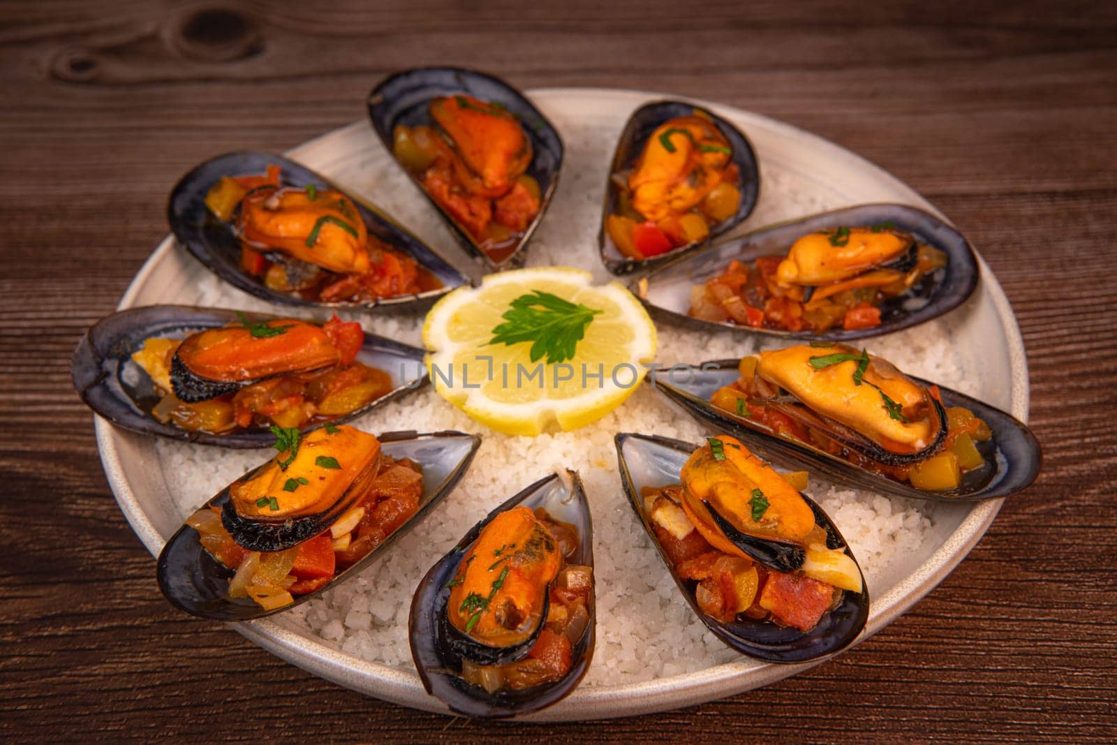 RECIPE FOR SPANISH MUSSELS WITH CHORIZO, WHITE WINE SAUCE, PEPPER, TOMATO, ONION. High quality photo