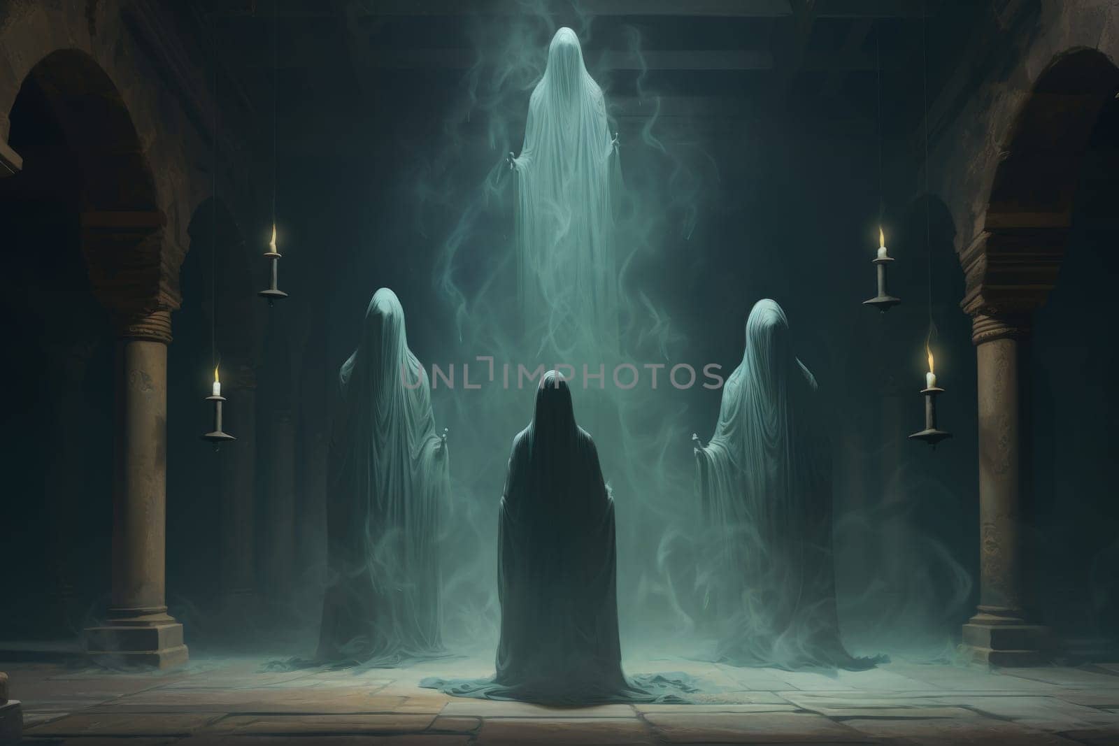 In the realm of fantasy, haunting ghostly apparitions are ethereal beings that exist between the world of the living and the realm of the dead.